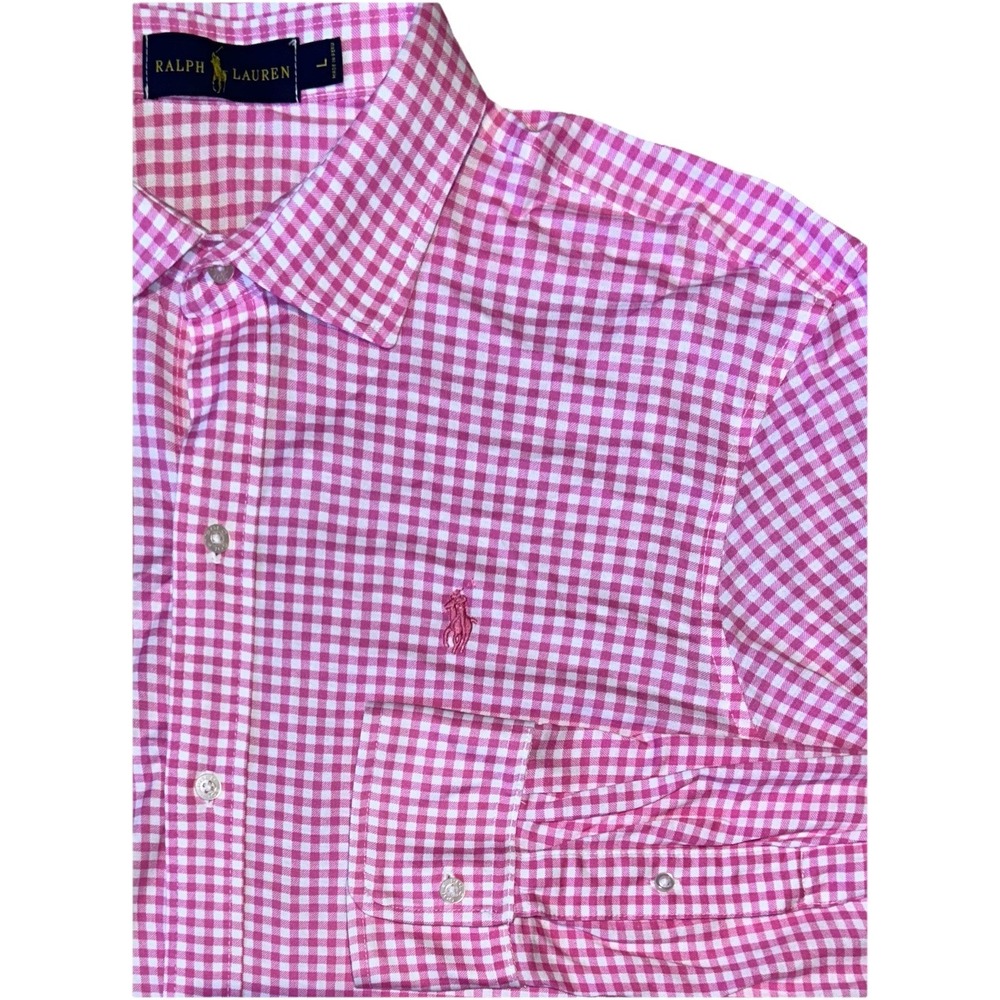 Ralph Lauren Shirt Mens Large Pink Gingham‎ Check Jersey Knit Button Down Cotton